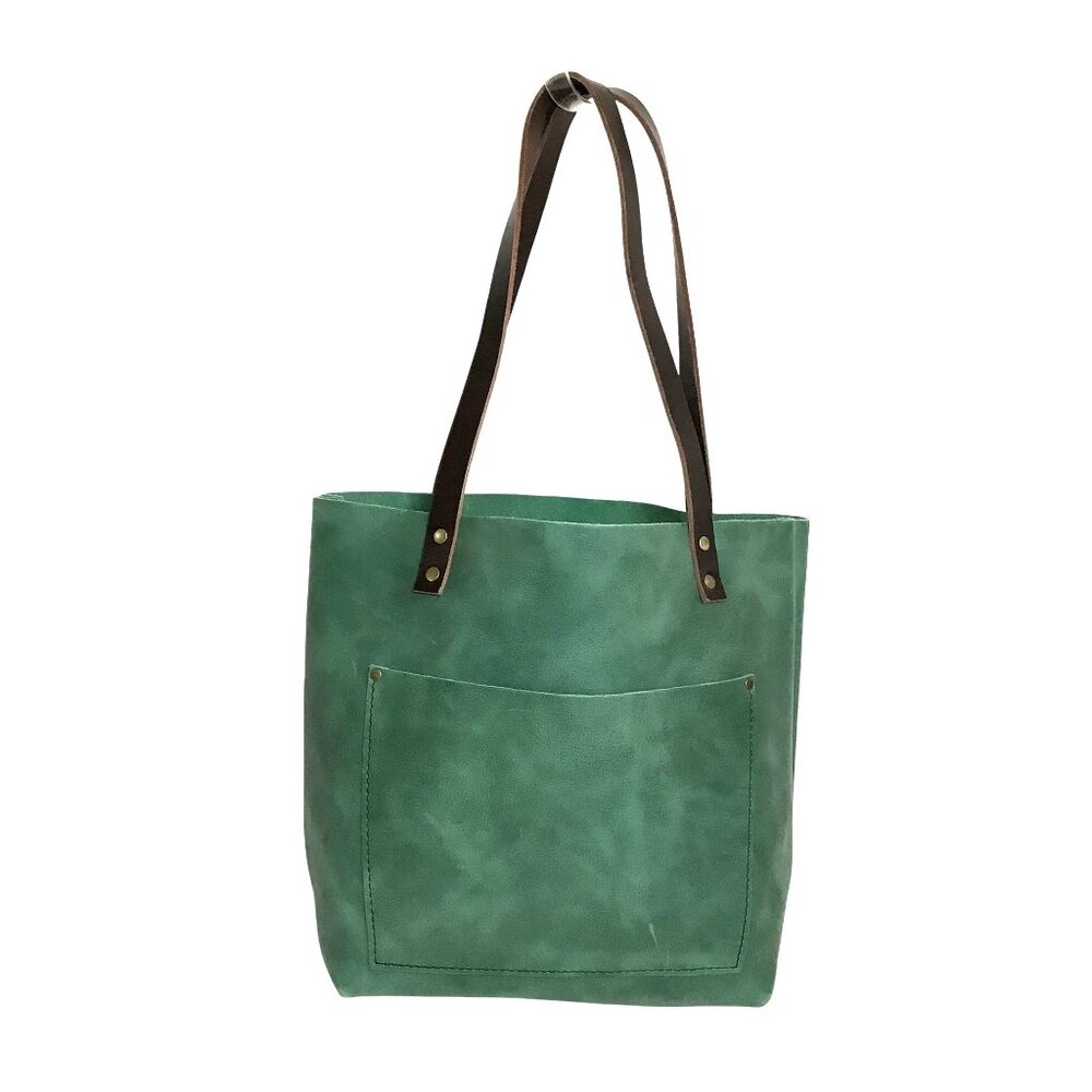NEW- PORTLAND Leather Goods Handmade Green Leather Tote Bag 11 X 12